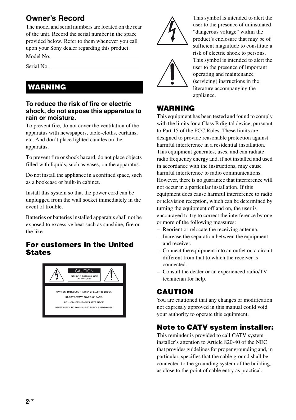 Owner’s record, For customers in the united states, Warning | Caution | Sony STR-DG820 User Manual | Page 2 / 108