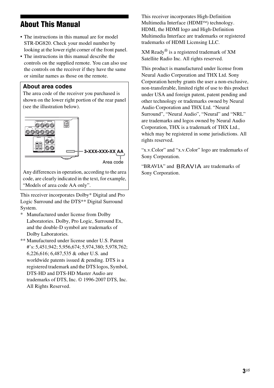 About this manual, About area codes | Sony STR-DG820 User Manual | Page 3 / 108