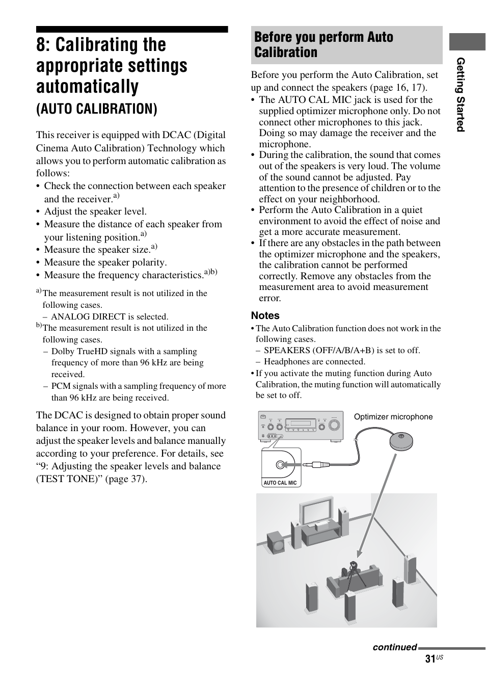 Calibrating the appropriate settings, Automatically, Auto calibration) | Calibrating the appropriate settings automatically, Before you perform auto calibration | Sony STR-DG820 User Manual | Page 31 / 108