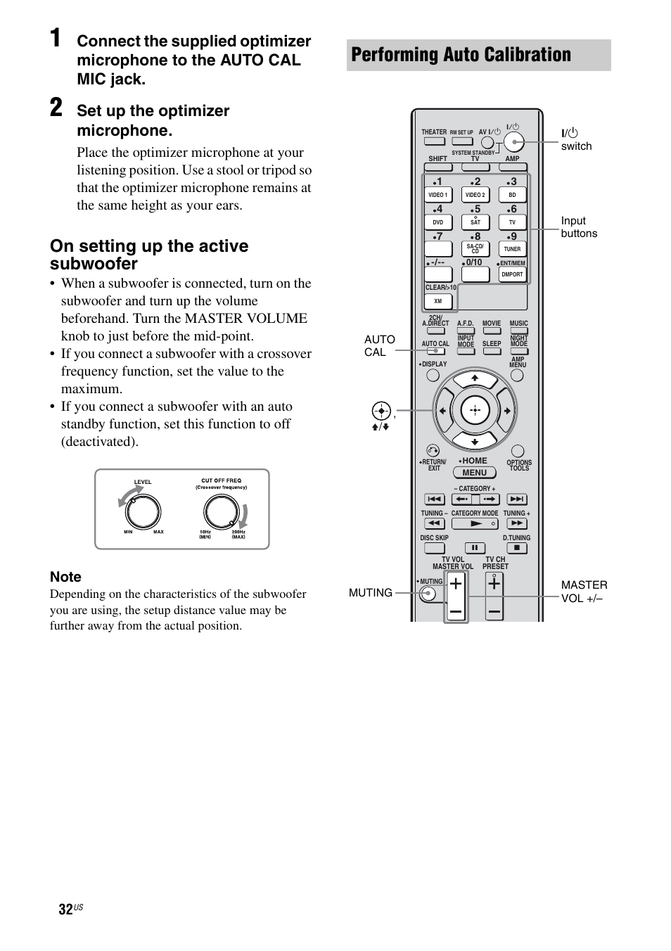 Performing auto calibration, On setting up the active subwoofer, Set up the optimizer microphone | Sony STR-DG820 User Manual | Page 32 / 108