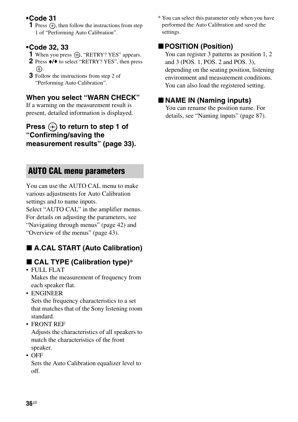 Auto cal menu parameters | Sony STR-DG820 User Manual | Page 36 / 108