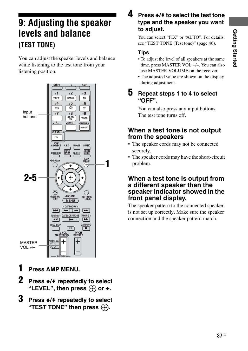 Adjusting the speaker levels and balance, Test tone), E 37 | When a test tone is not output from the speakers, Press amp menu, Repeat steps 1 to 4 to select “off, Ge tting star te d, Tips | Sony STR-DG820 User Manual | Page 37 / 108