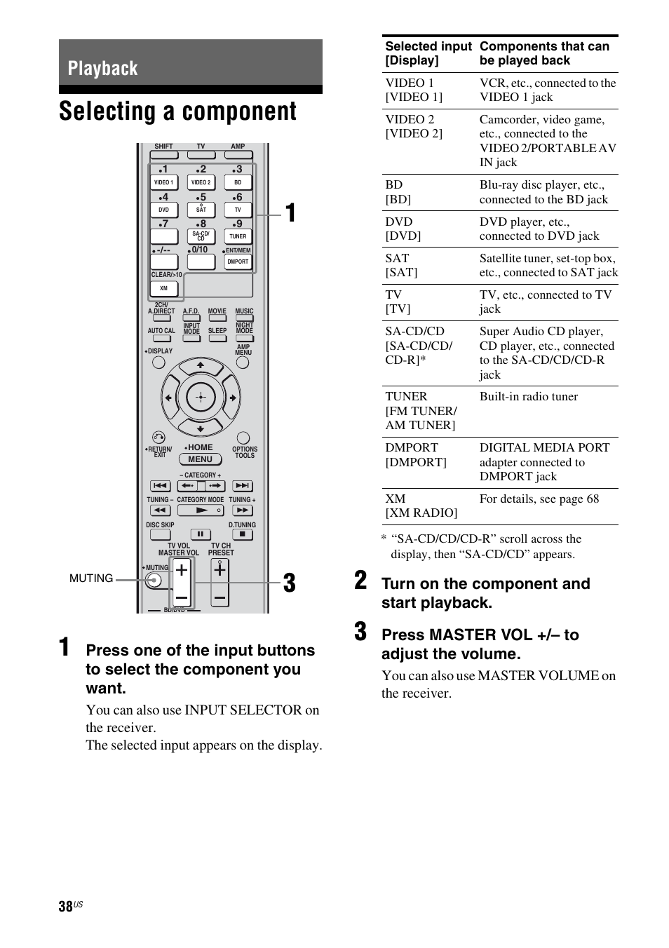 Playback, Selecting a component, Selecting a component 1 | Turn on the component and start playback, Press master vol +/– to adjust the volume, You can also use master volume on the receiver | Sony STR-DG820 User Manual | Page 38 / 108