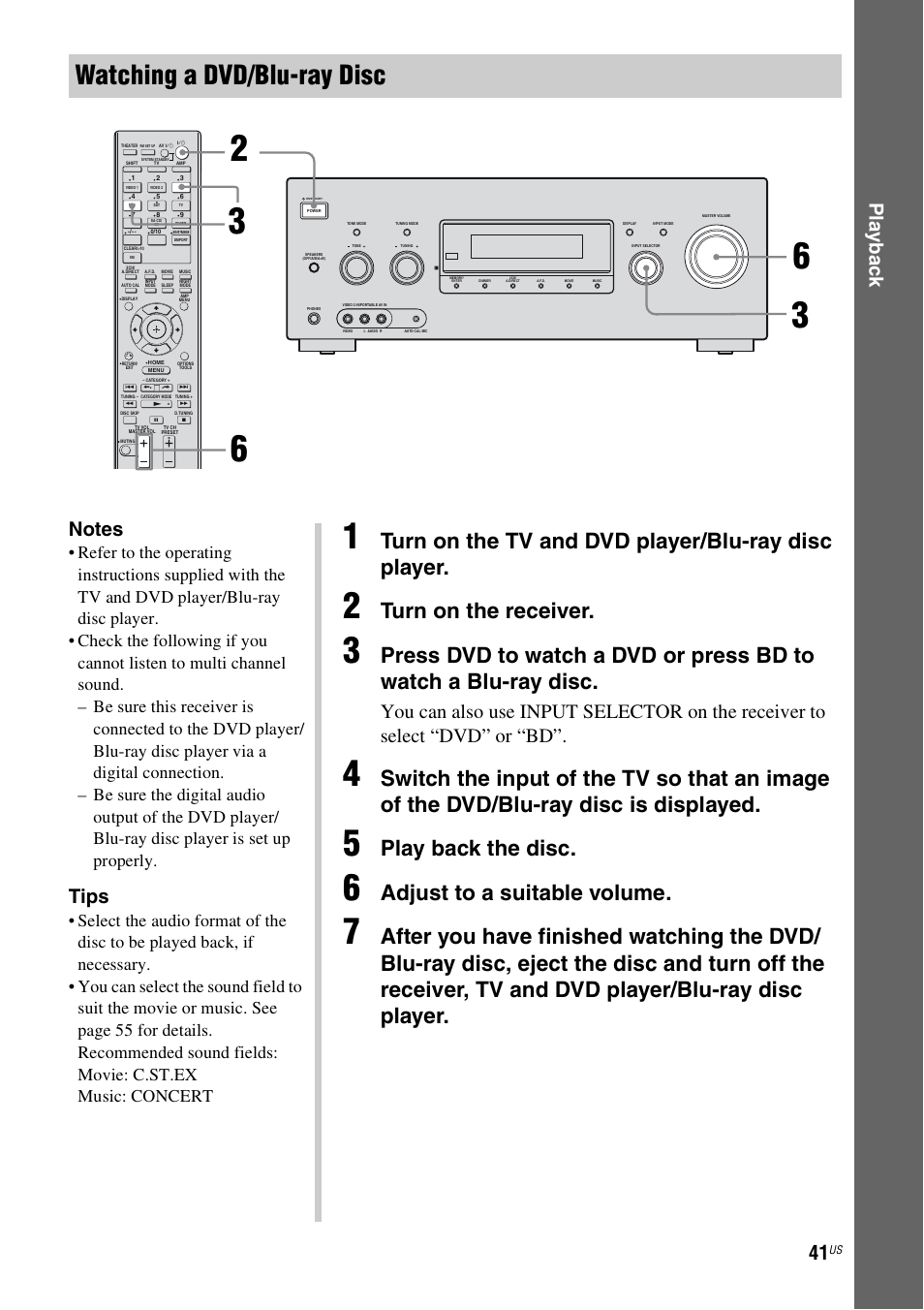 Watching a dvd/blu-ray disc, Turn on the tv and dvd player/blu-ray disc player, Turn on the receiver | Play back the disc, Adjust to a suitable volume, Play b a ck, Tips | Sony STR-DG820 User Manual | Page 41 / 108