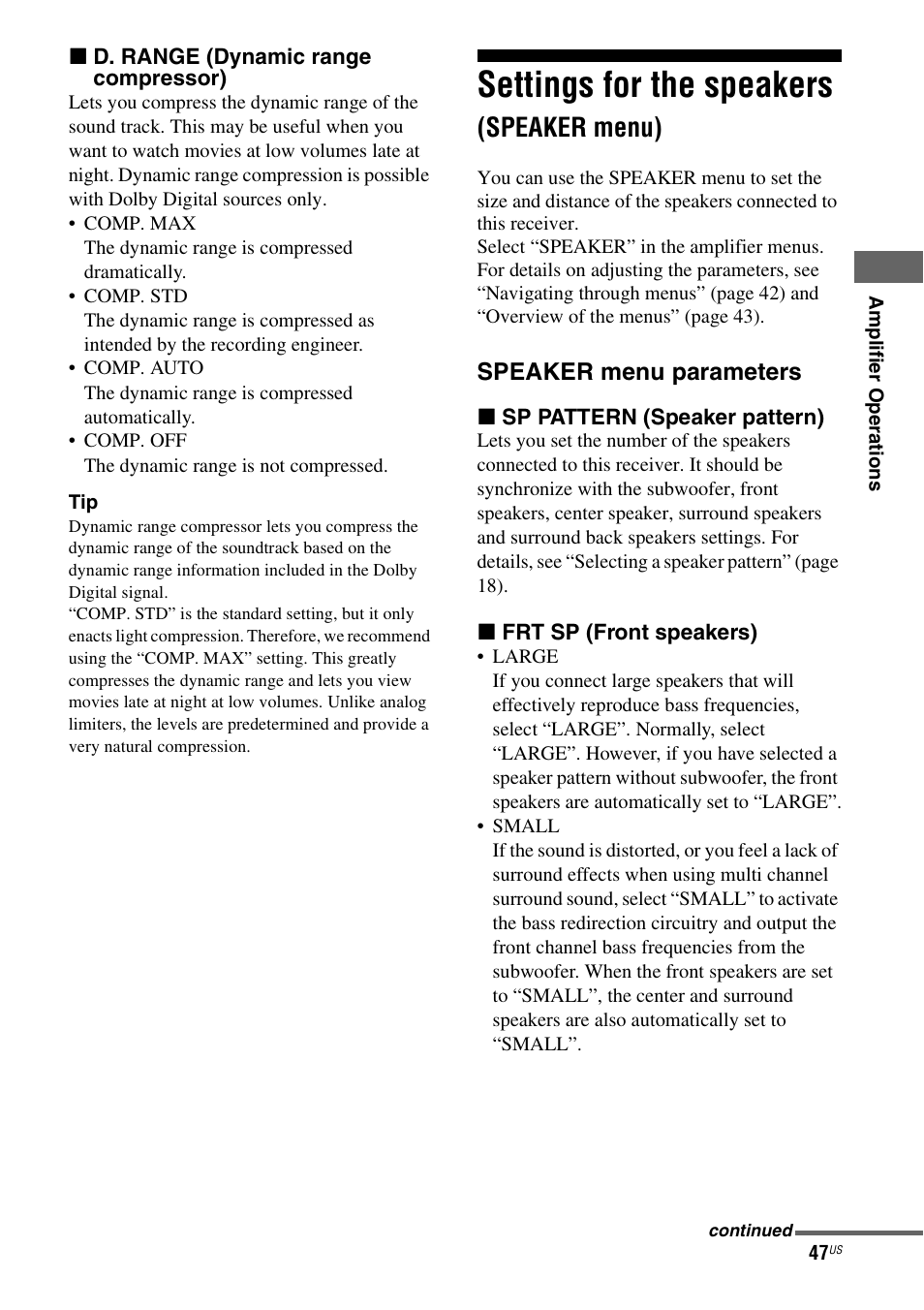 Settings for the speakers (speaker menu), Settings for the speakers, Speaker menu) | Sony STR-DG820 User Manual | Page 47 / 108