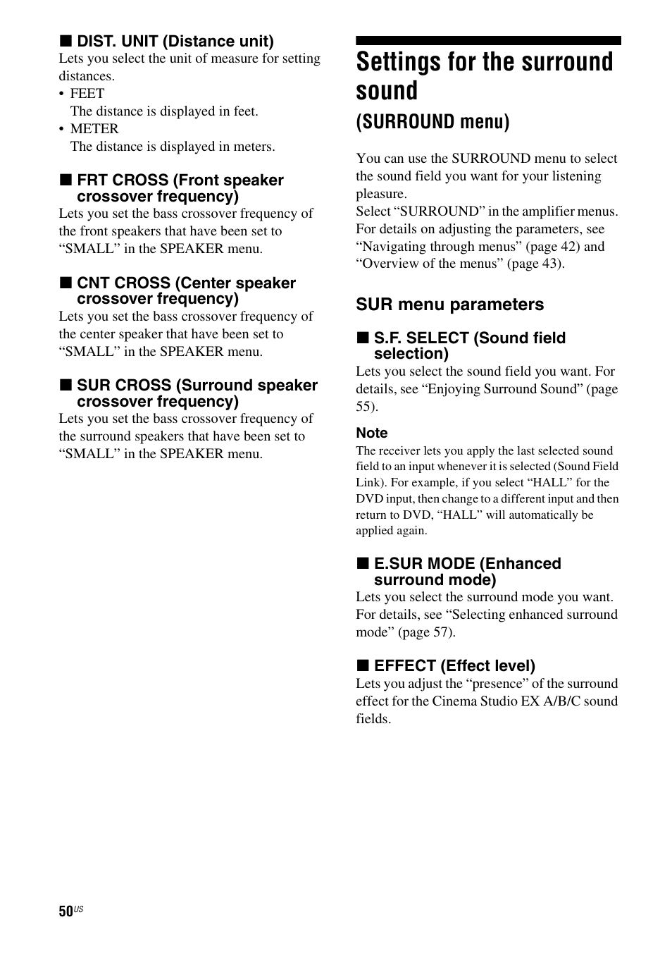 Settings for the surround sound (surround menu), Settings for the surround sound, Surround menu) | Sony STR-DG820 User Manual | Page 50 / 108