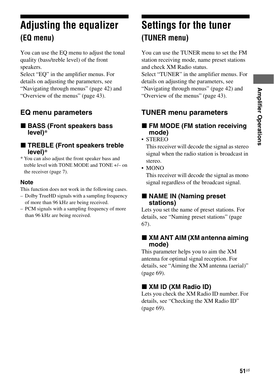 Adjusting the equalizer (eq menu), Settings for the tuner (tuner menu), Adjusting the equalizer | Settings for the tuner, Eq menu), Tuner menu) | Sony STR-DG820 User Manual | Page 51 / 108