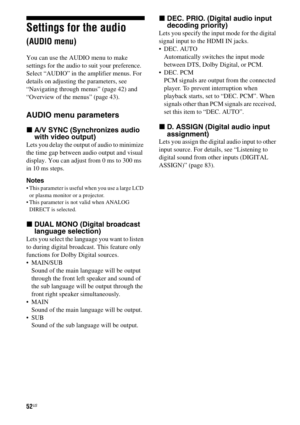 Settings for the audio (audio menu), Settings for the audio, Audio menu) | Sony STR-DG820 User Manual | Page 52 / 108