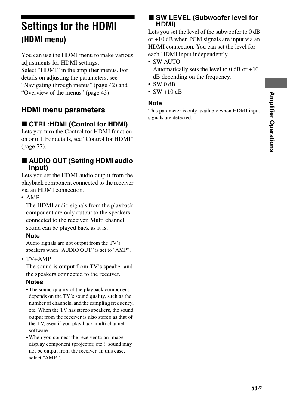 Settings for the hdmi (hdmi menu), Settings for the hdmi, Hdmi menu) | Sony STR-DG820 User Manual | Page 53 / 108