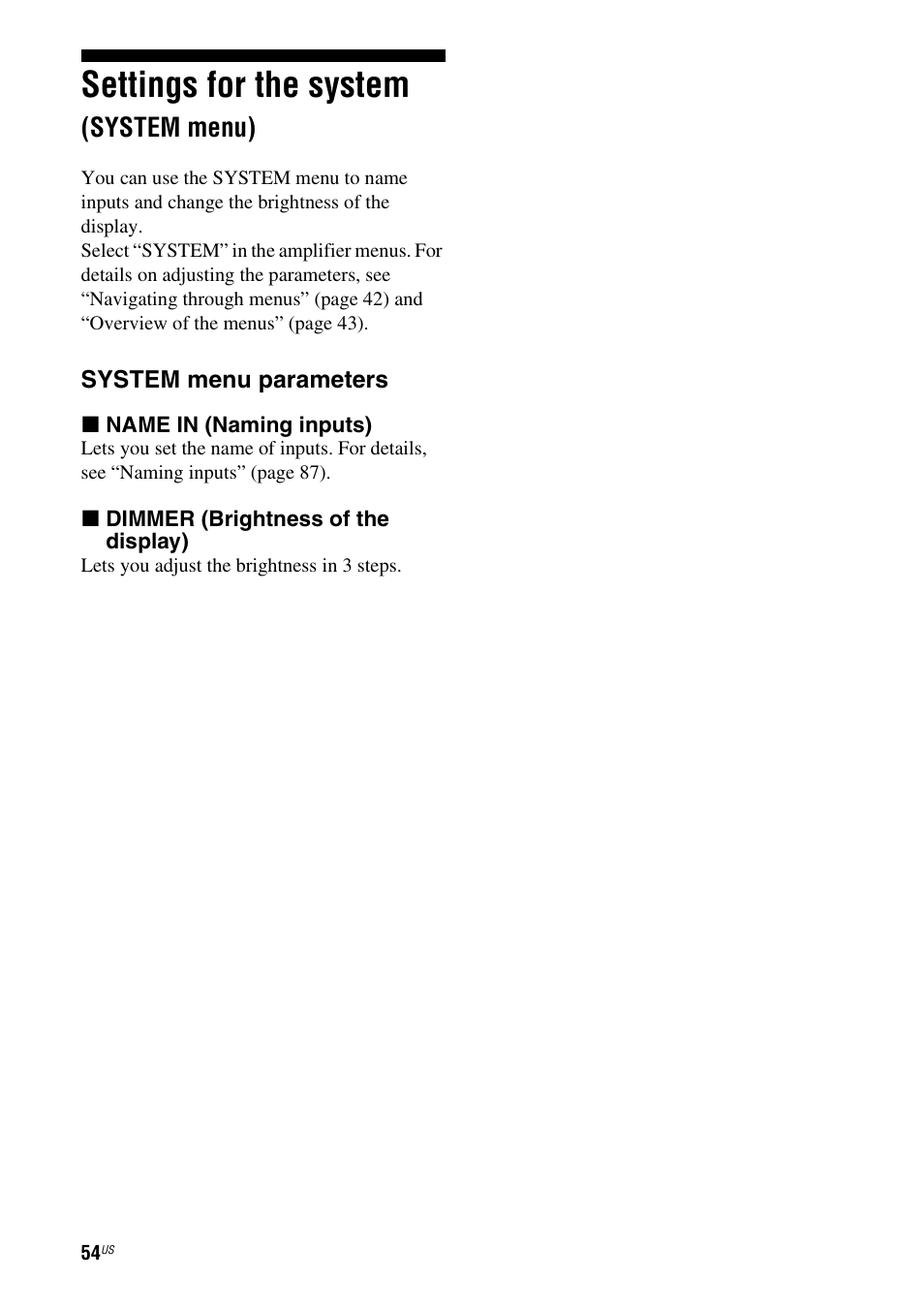 Settings for the system (system menu), Settings for the system, System menu) | Sony STR-DG820 User Manual | Page 54 / 108