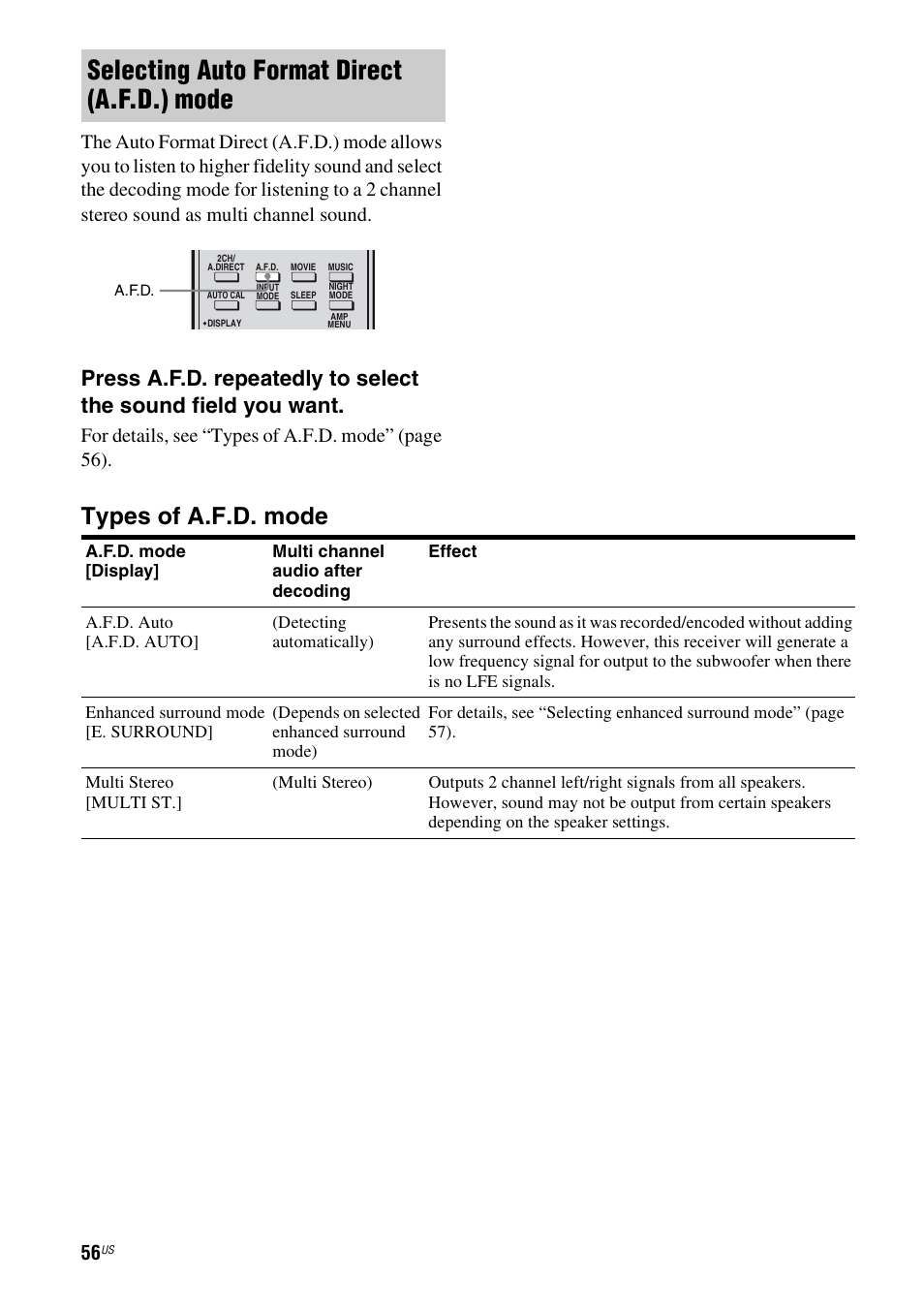 E 56, 5, Selecting auto format direct (a.f.d.) mode, Types of a.f.d. mode | For details, see “types of a.f.d. mode” (page 56) | Sony STR-DG820 User Manual | Page 56 / 108