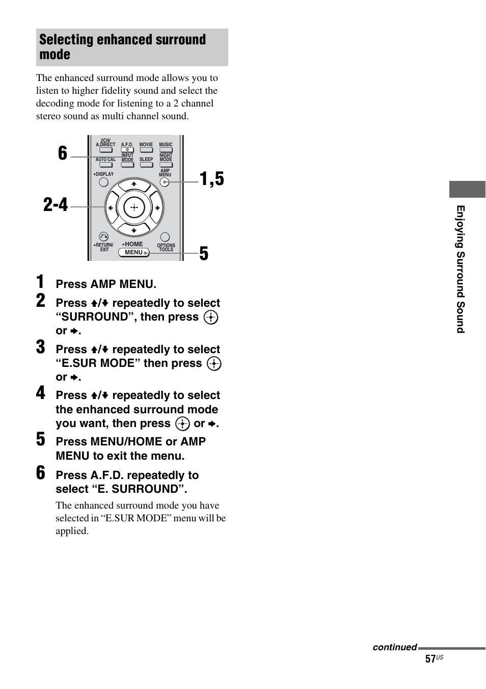 Selecting enhanced surround mode | Sony STR-DG820 User Manual | Page 57 / 108
