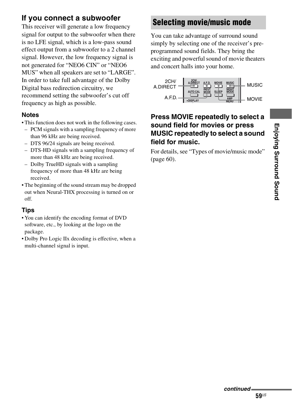 Selecting movie/music mode, If you connect a subwoofer | Sony STR-DG820 User Manual | Page 59 / 108