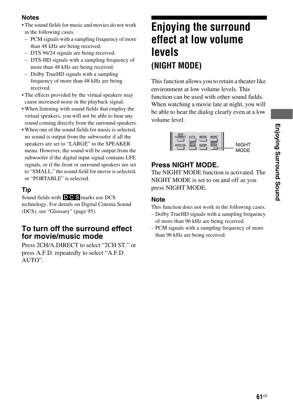 Enjoying the surround effect at low volume, Levels (night mode), Enjoying the surround effect at low volume levels | Night mode), Press night mode | Sony STR-DG820 User Manual | Page 61 / 108