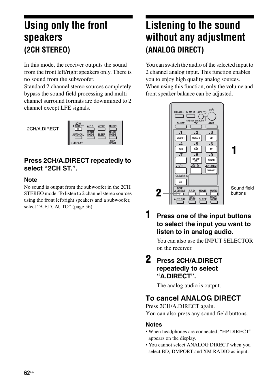 Using only the front speakers (2ch stereo), Using only the front speakers, 2ch stereo) | Listening to the sound without any adjustment, Analog direct), Press 2ch/a.direct repeatedly to select “2ch st, Press 2ch/a.direct repeatedly to select “a.direct, The analog audio is output | Sony STR-DG820 User Manual | Page 62 / 108
