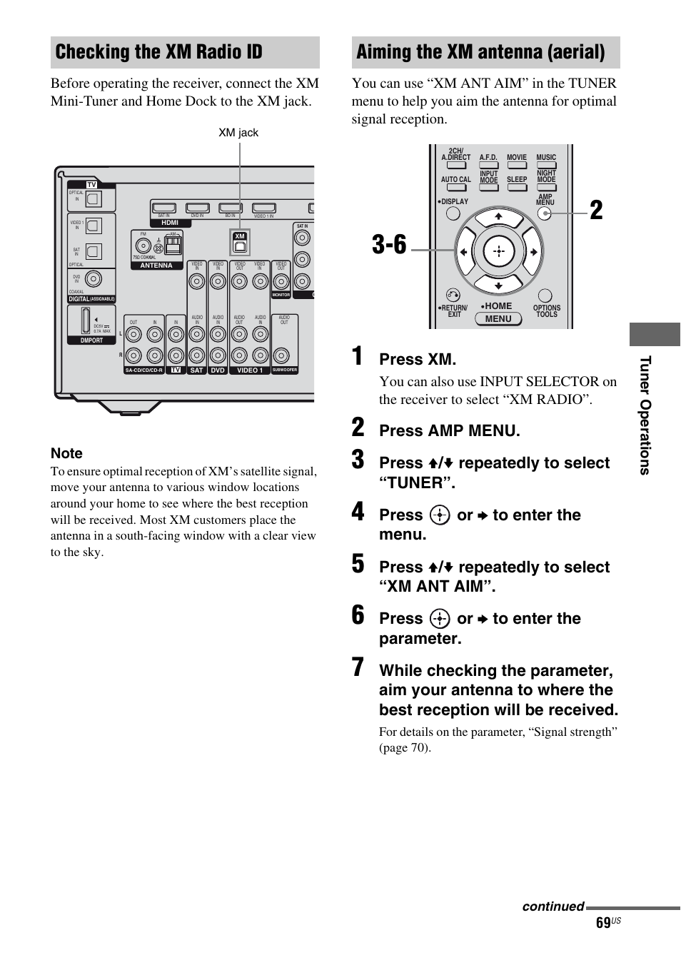 Checking the xm radio id, Aiming the xm antenna (aerial), Press xm | Press amp menu, Press v / v repeatedly to select “tuner, Press or b to enter the menu, Press v / v repeatedly to select “xm ant aim, Press or b to enter the parameter | Sony STR-DG820 User Manual | Page 69 / 108