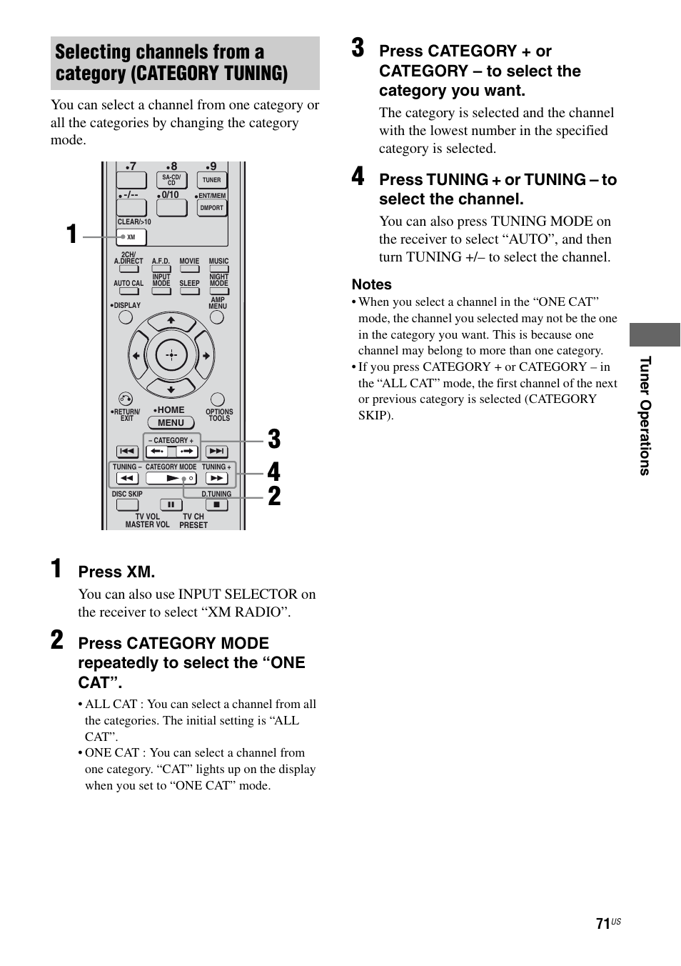 Press xm, Press tuning + or tuning – to select the channel | Sony STR-DG820 User Manual | Page 71 / 108