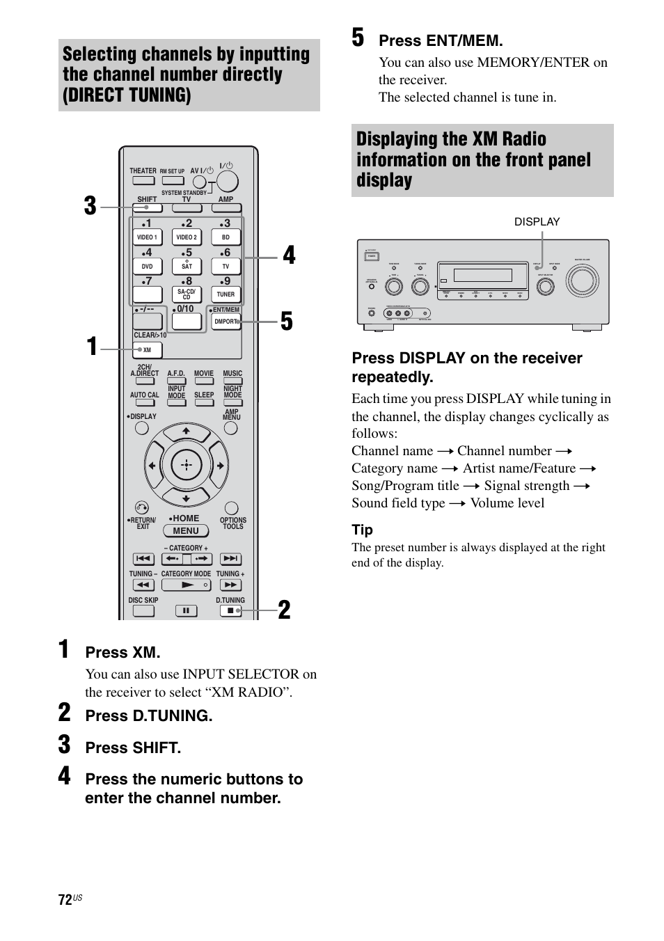 E 72, Press xm, Press d.tuning | Press shift, Press ent/mem, Press display on the receiver repeatedly | Sony STR-DG820 User Manual | Page 72 / 108