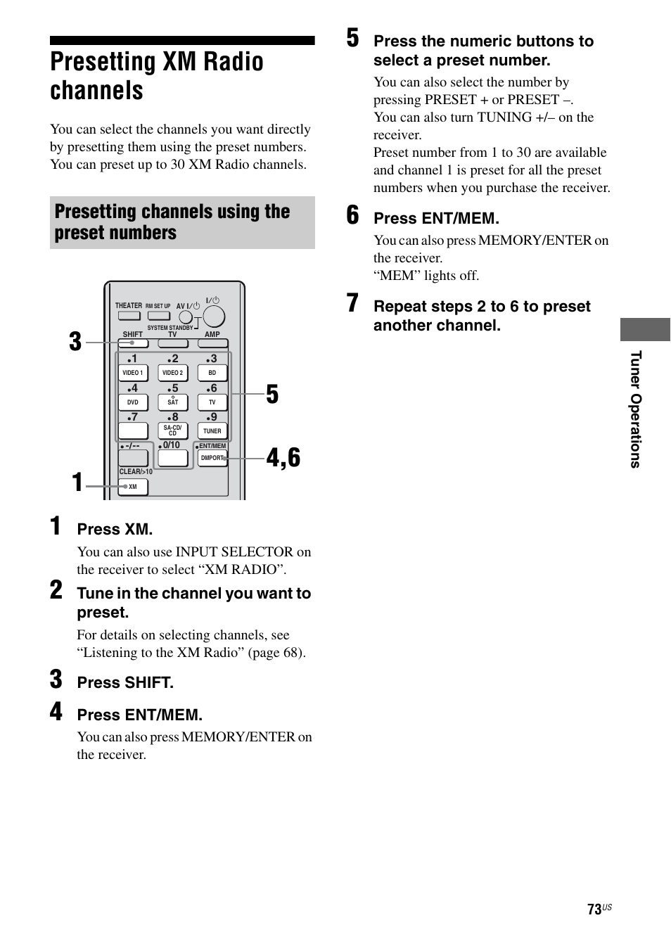 Presetting xm radio channels, Presetting channels using the preset numbers | Sony STR-DG820 User Manual | Page 73 / 108