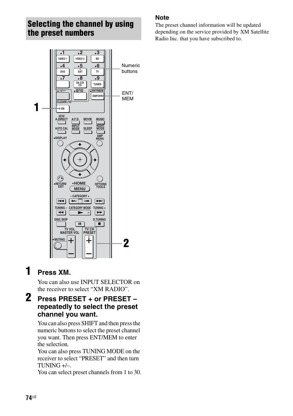 Selecting the channel by using the preset numbers, Press xm | Sony STR-DG820 User Manual | Page 74 / 108