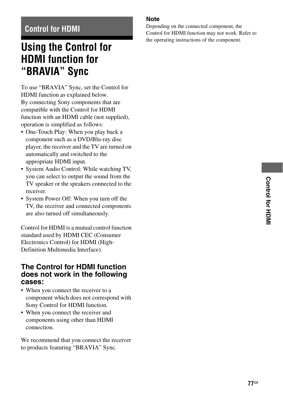 Control for hdmi, Using the control for hdmi function for, Bravia” sync | Sony STR-DG820 User Manual | Page 77 / 108