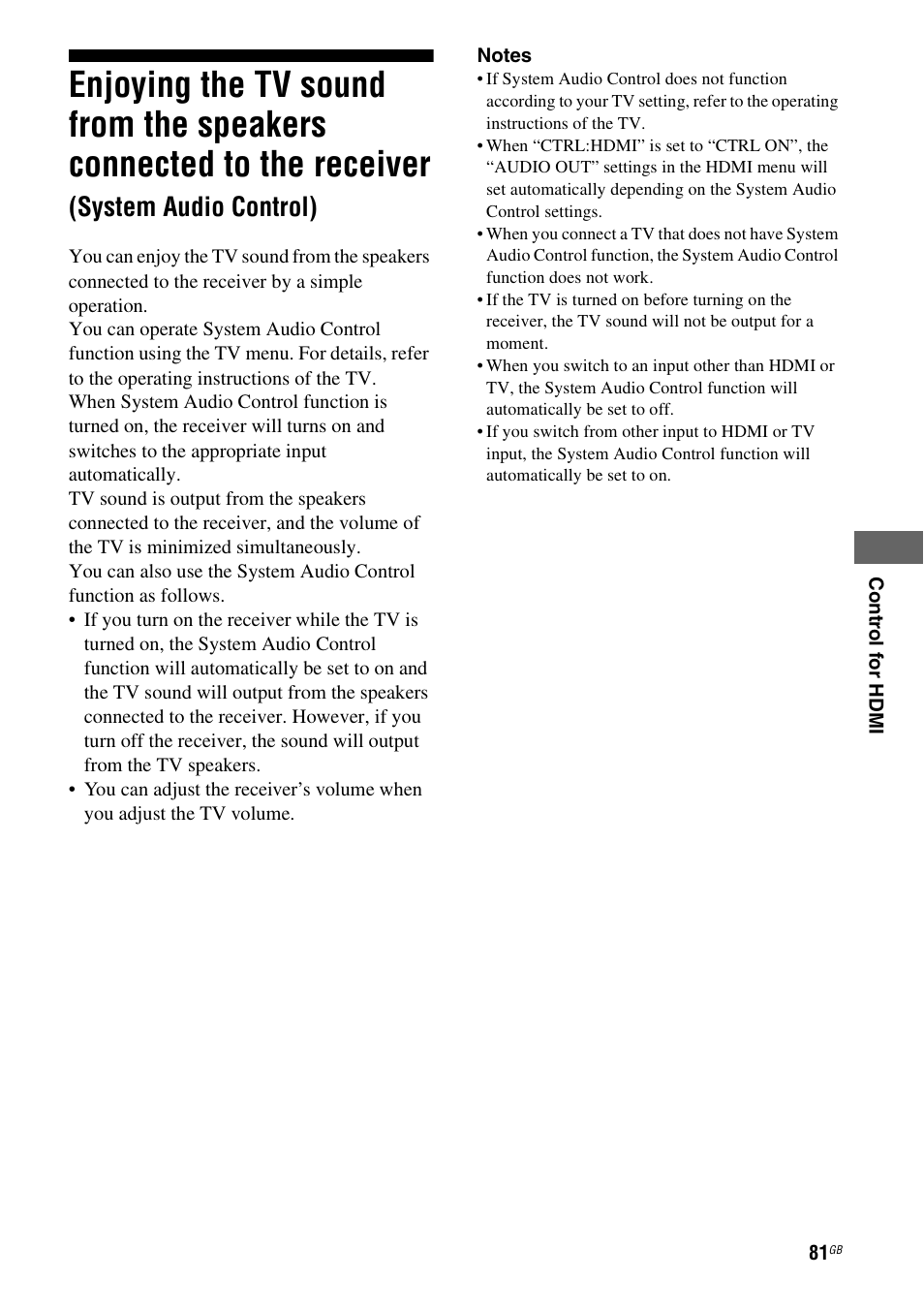 Enjoying the tv sound from the speakers, Connected to the receiver, System audio control) | Sony STR-DG820 User Manual | Page 81 / 108