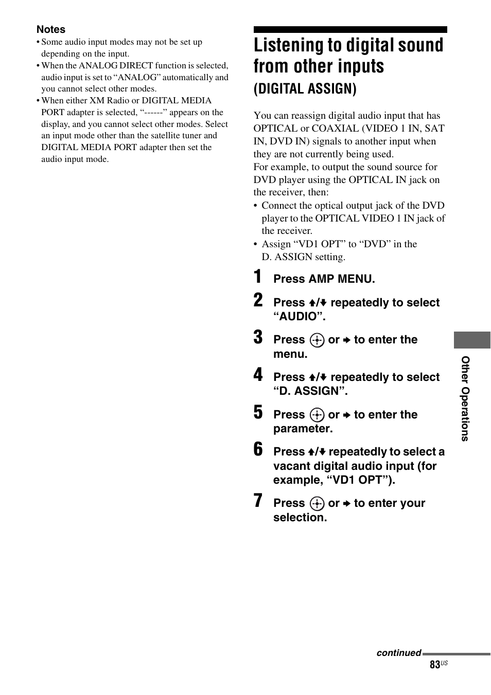 Listening to digital sound from other inputs, Digital assign) | Sony STR-DG820 User Manual | Page 83 / 108