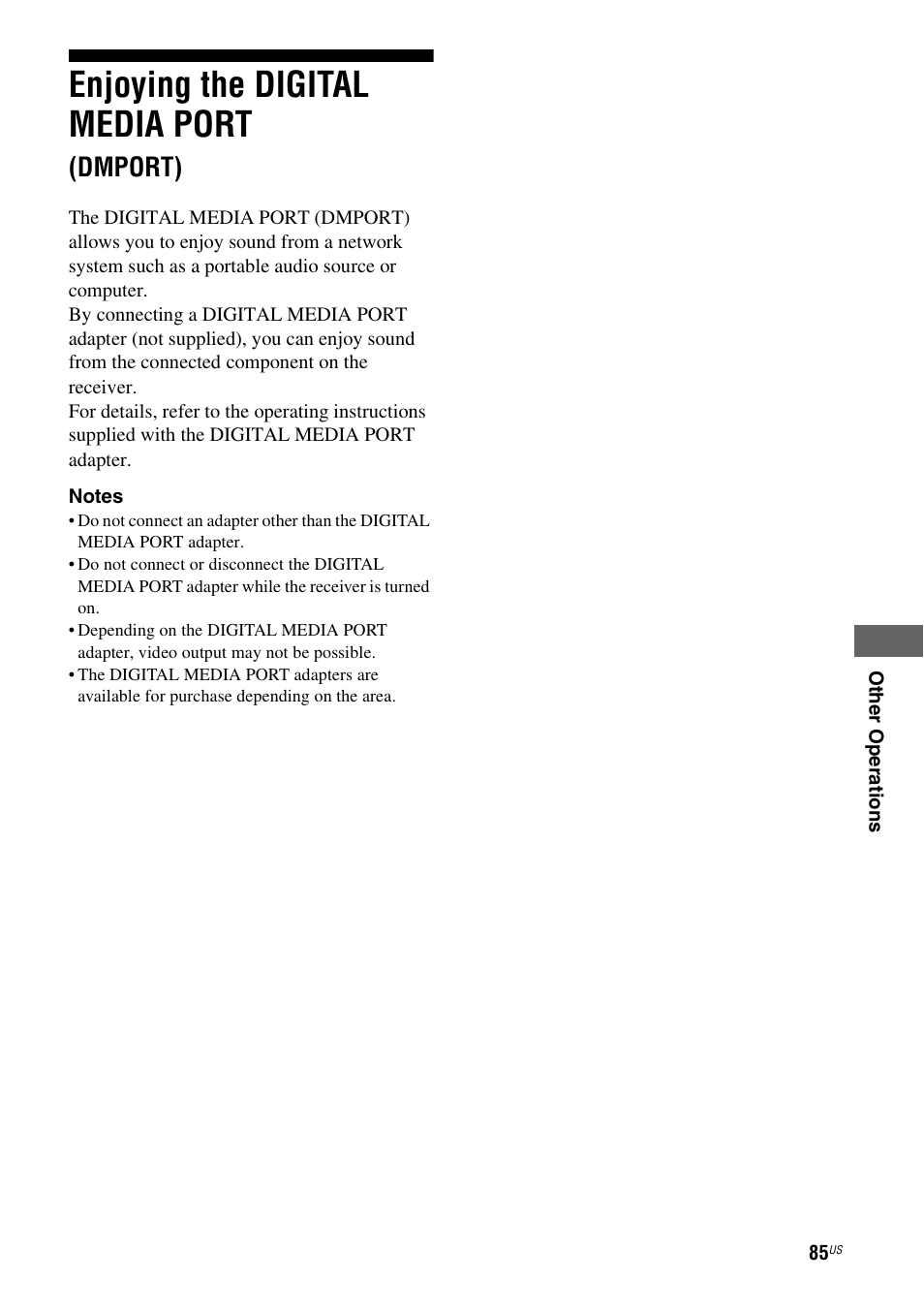 Enjoying the digital media port (dmport), Enjoying the digital media port, Dmport) | Sony STR-DG820 User Manual | Page 85 / 108