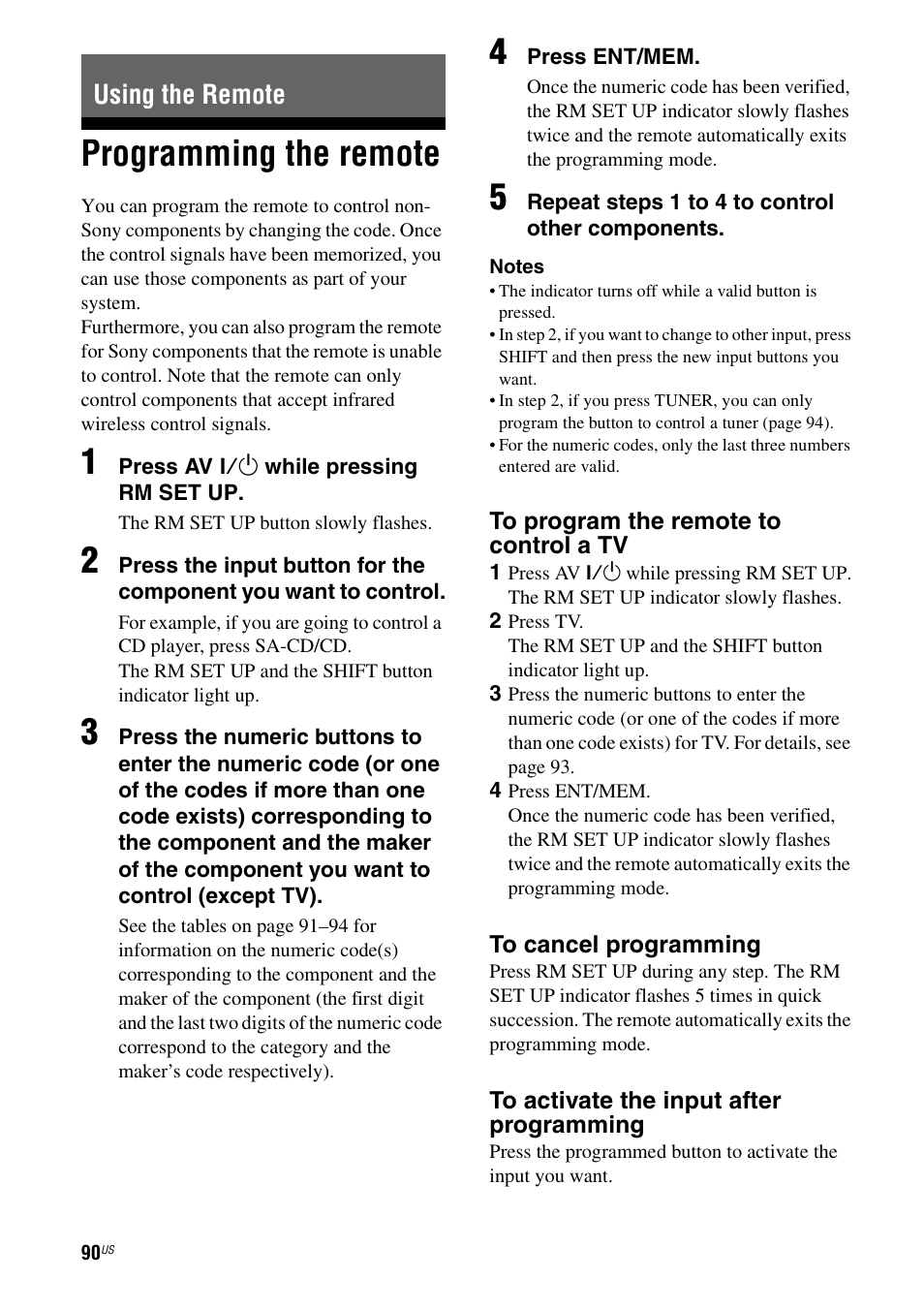 Using the remote, Programming the remote | Sony STR-DG820 User Manual | Page 90 / 108