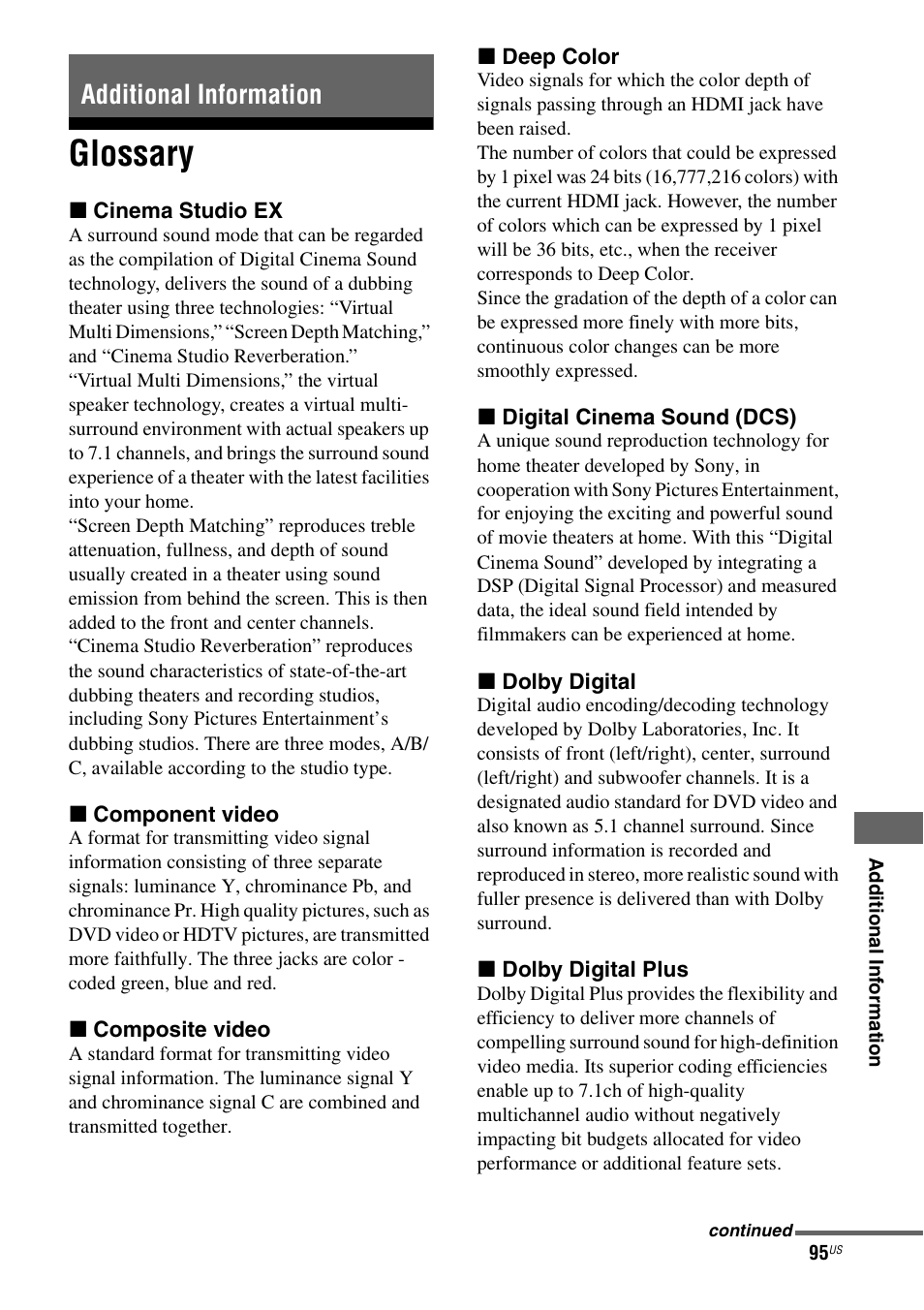 Additional information, Glossary | Sony STR-DG820 User Manual | Page 95 / 108