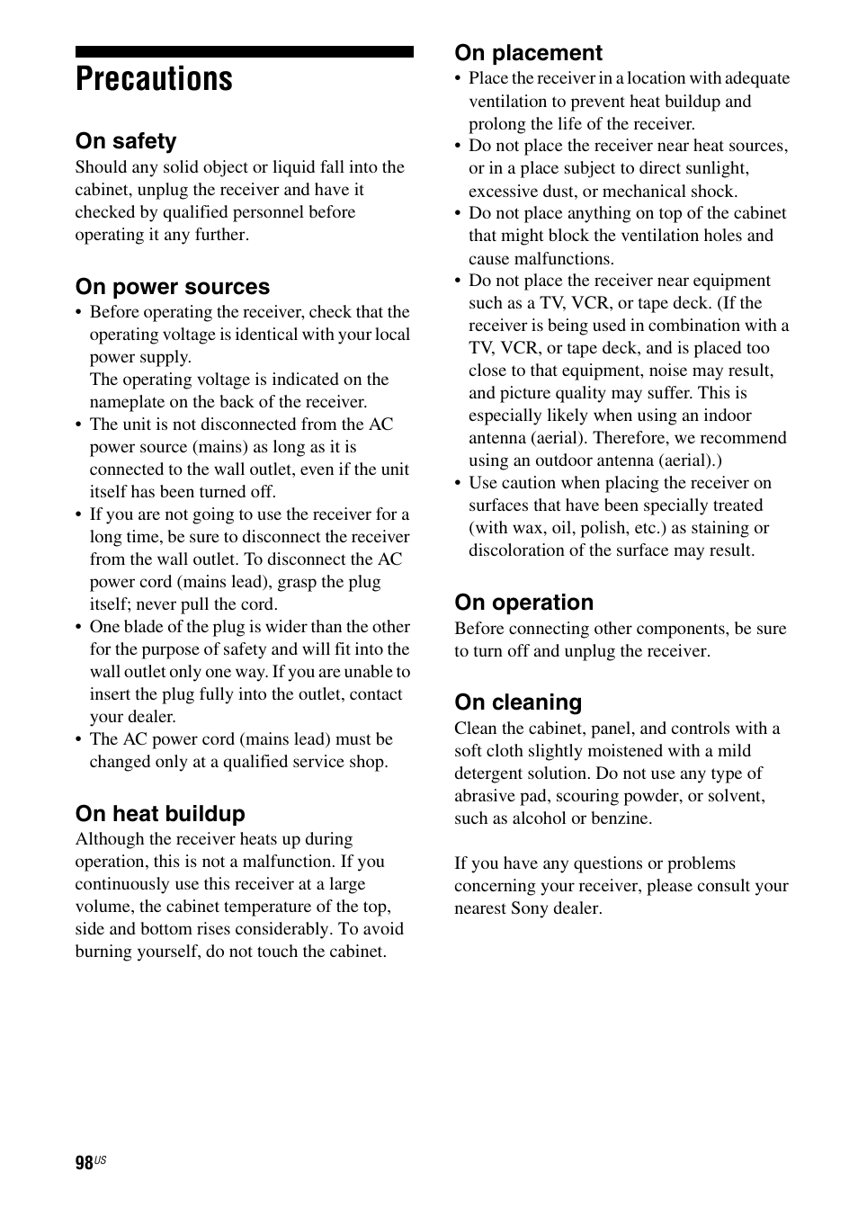 Precautions | Sony STR-DG820 User Manual | Page 98 / 108