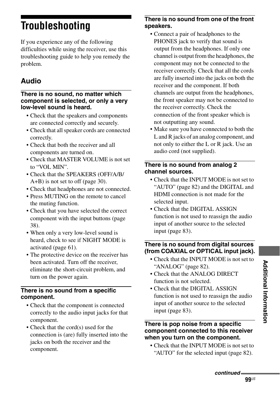 Troubleshooting | Sony STR-DG820 User Manual | Page 99 / 108