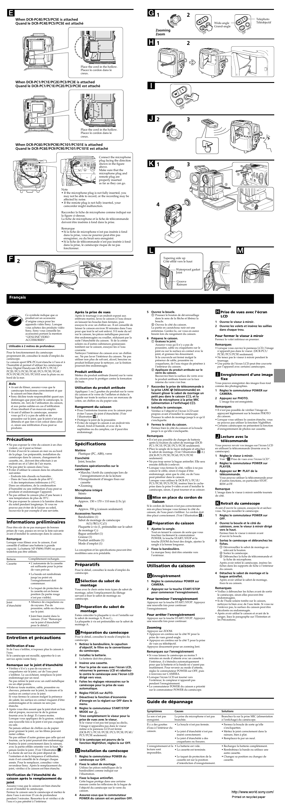 Hi j k, Précautions, Informations préliminaires | Entretien et précautions, Spécifications, Préparatifs, Utilisation du caisson g, Guide de dépannage, Français | Sony SPK-PC4 User Manual | Page 2 / 4