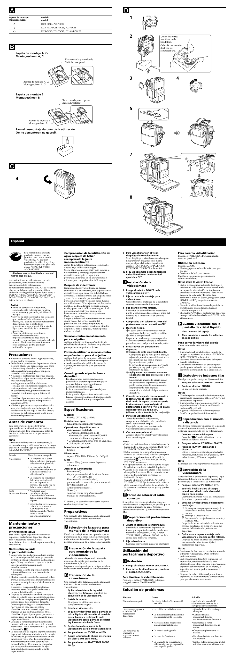 Precauciones, Antes de comenzar, Mantenimiento y precauciones | Especificaciones, Preparativos, Utilización del portacámara deportivo g, Solución de problemas, Español | Sony SPK-PC4 User Manual | Page 3 / 4