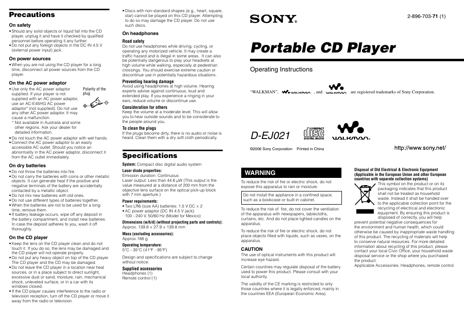 Sony D-EJ021 User Manual | 2 pages