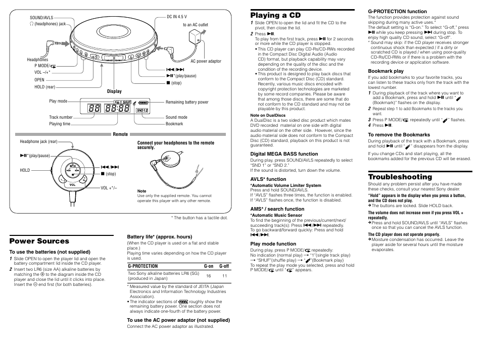 Playing a cd, Troubleshooting, Power sources | Sony D-EJ021 User Manual | Page 2 / 2