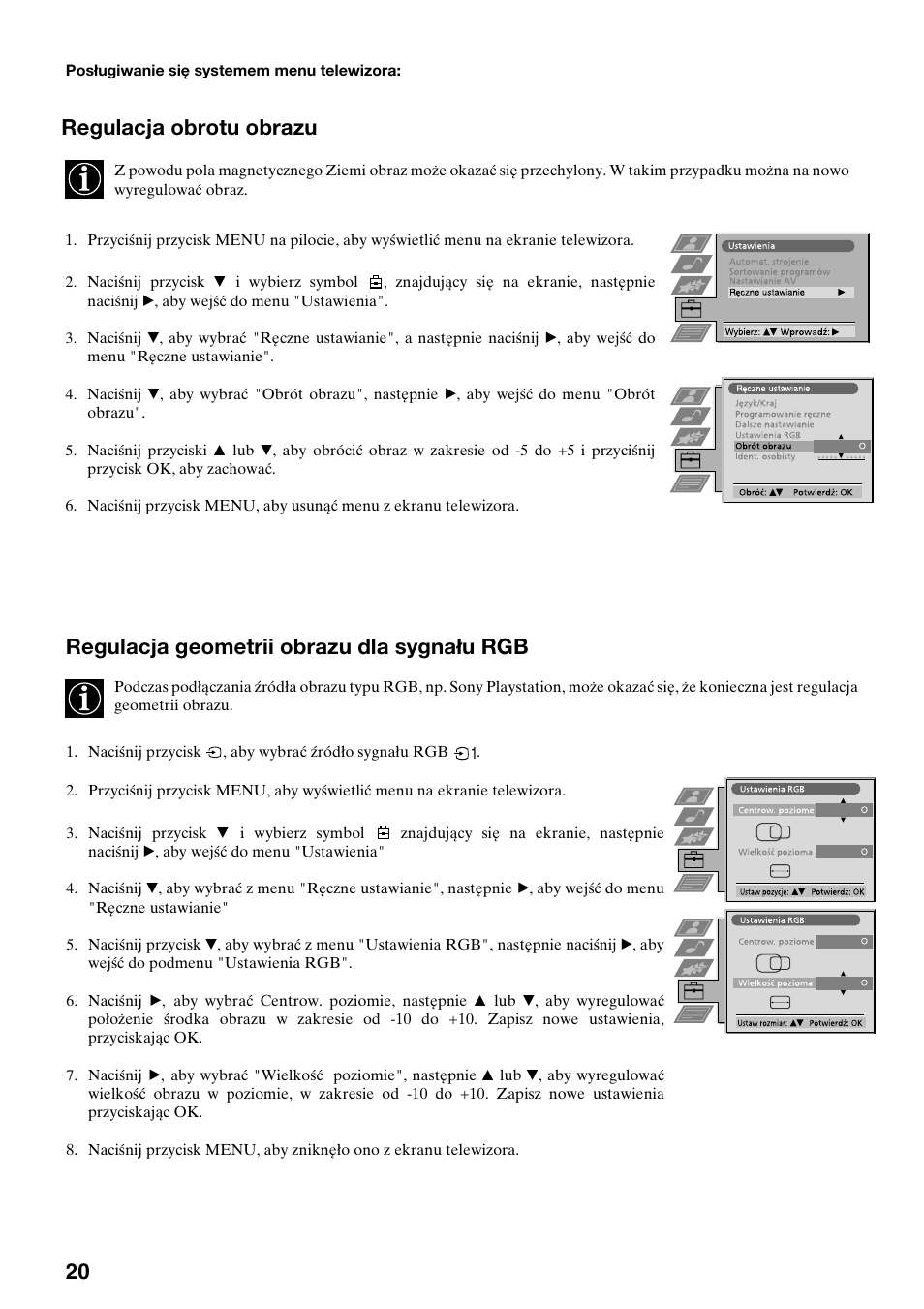 Regulacja geometrii obrazu dla sygnału rgb, Regulacja obrotu obrazu | Sony FD Trinitron KV-32FX65 K User Manual | Page 100 / 108