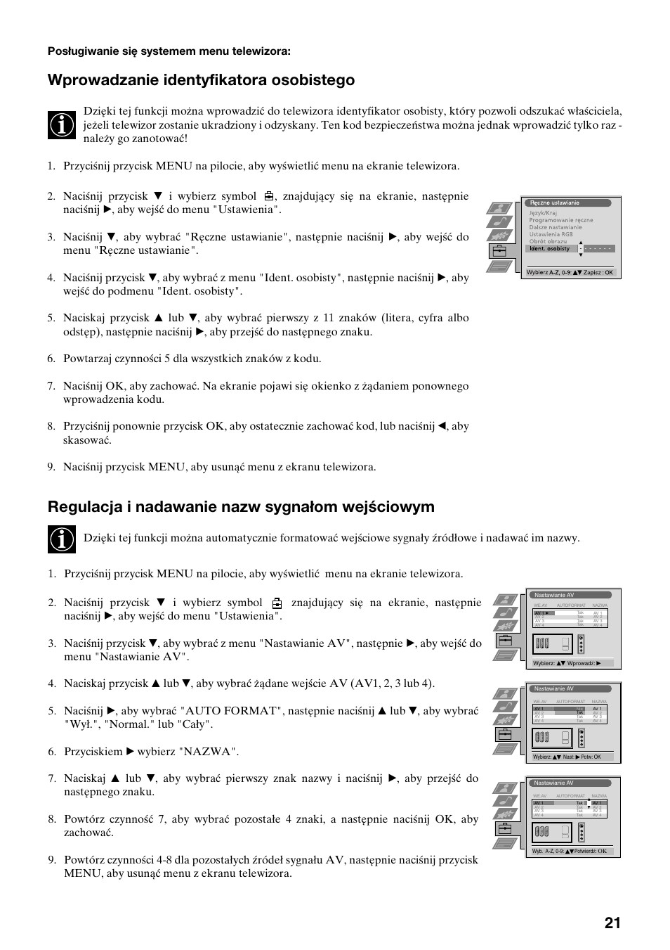 Wprowadzanie identyfikatora osobistego, Regulacja i nadawanie nazw sygnałom wejściowym, Posługiwanie się systemem menu telewizora | Sony FD Trinitron KV-32FX65 K User Manual | Page 101 / 108