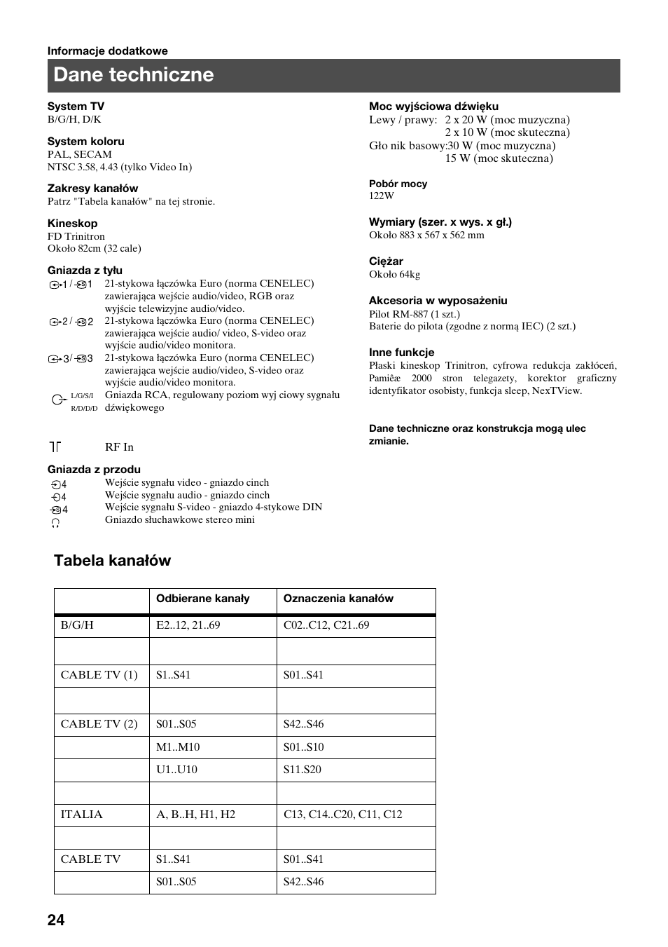 Dane techniczne, Tabela kanałów | Sony FD Trinitron KV-32FX65 K User Manual | Page 104 / 108