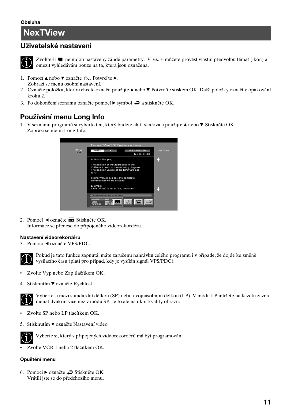 Nextview, Uživatelské nastaveni, Používání menu long lnfo | Sony FD Trinitron KV-32FX65 K User Manual | Page 13 / 108