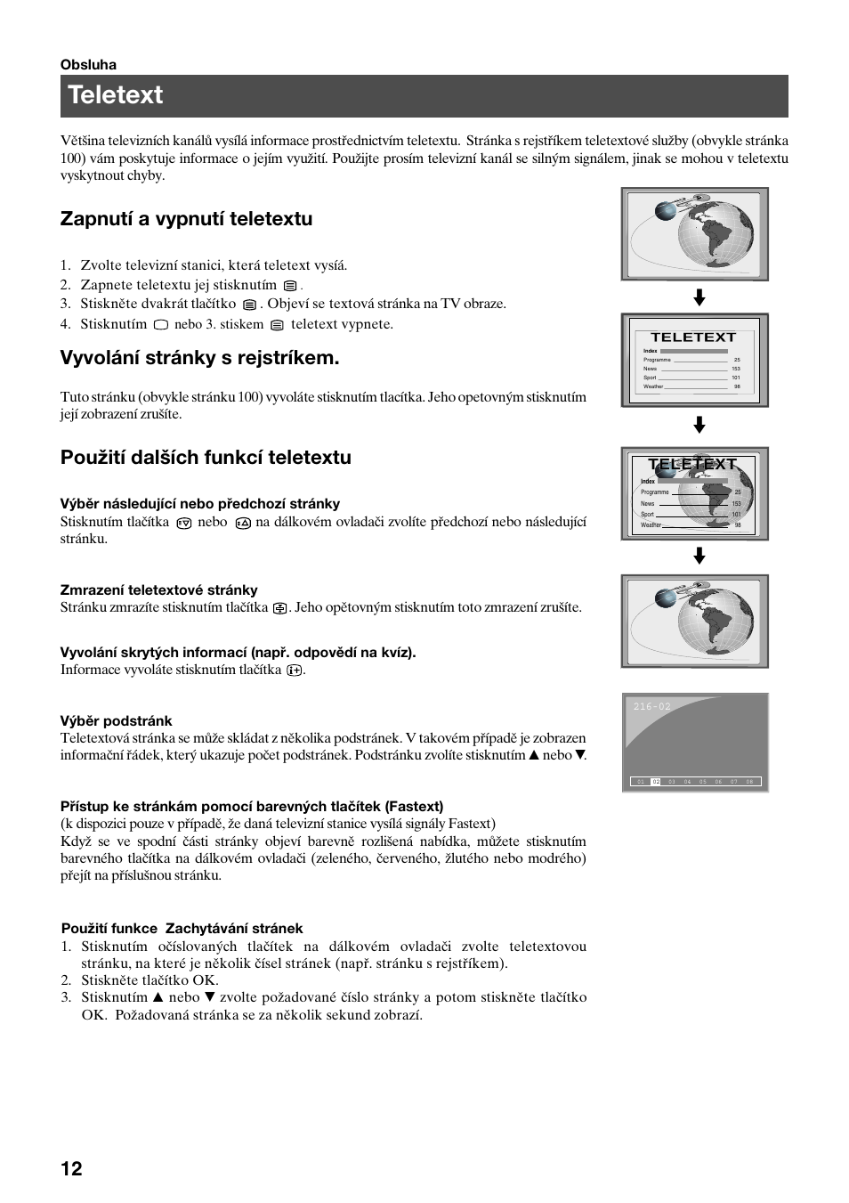 Teletext, Zapnutí a vypnutí teletextu, Vyvolání stránky s rejstríkem | Použití dalších funkcí teletextu | Sony FD Trinitron KV-32FX65 K User Manual | Page 14 / 108