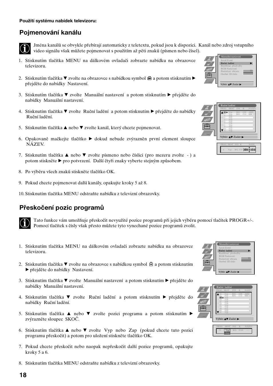 Pojmenování kanálu, Přeskočení pozic programů, Použití systému nabídek televizoru | Sony FD Trinitron KV-32FX65 K User Manual | Page 20 / 108