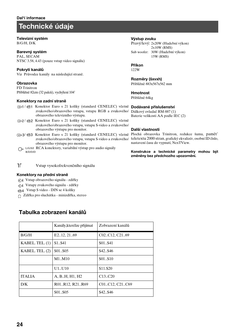 Technické údaje, Tabulka zobrazení kanálů | Sony FD Trinitron KV-32FX65 K User Manual | Page 26 / 108