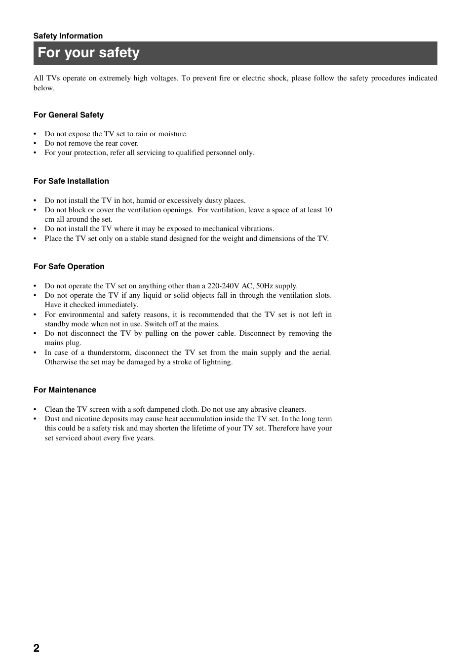 For your safety | Sony FD Trinitron KV-32FX65 K User Manual | Page 30 / 108