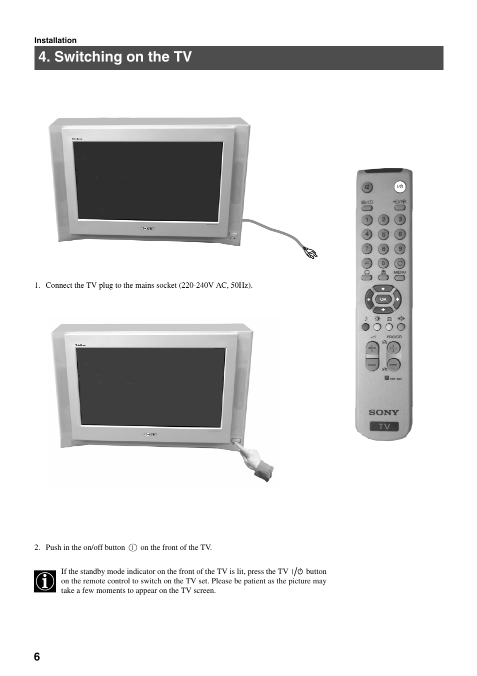 Switching on the tv | Sony FD Trinitron KV-32FX65 K User Manual | Page 34 / 108