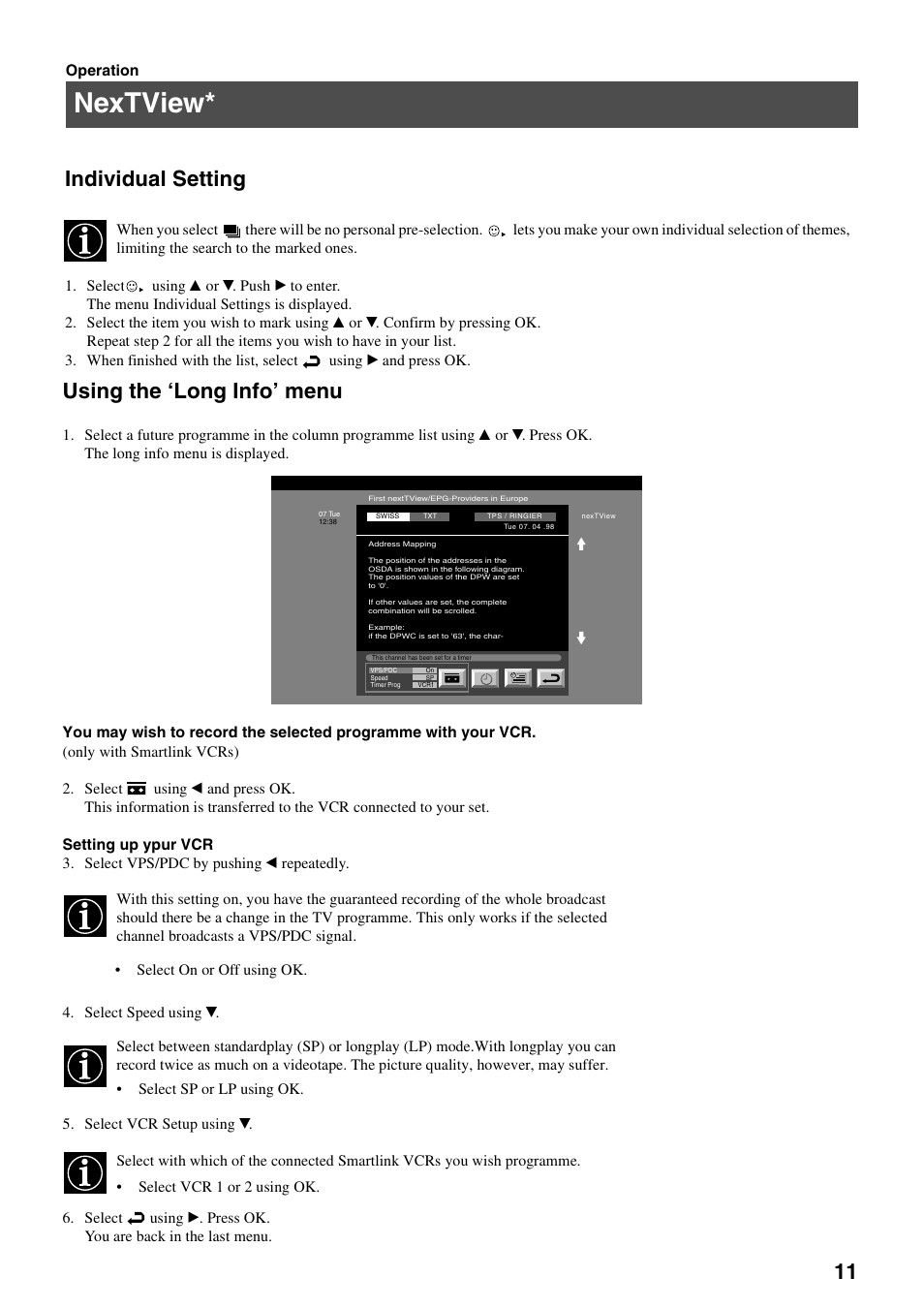 Nextview, 11 individual setting, Using the ‘long info’ menu | Sony FD Trinitron KV-32FX65 K User Manual | Page 39 / 108