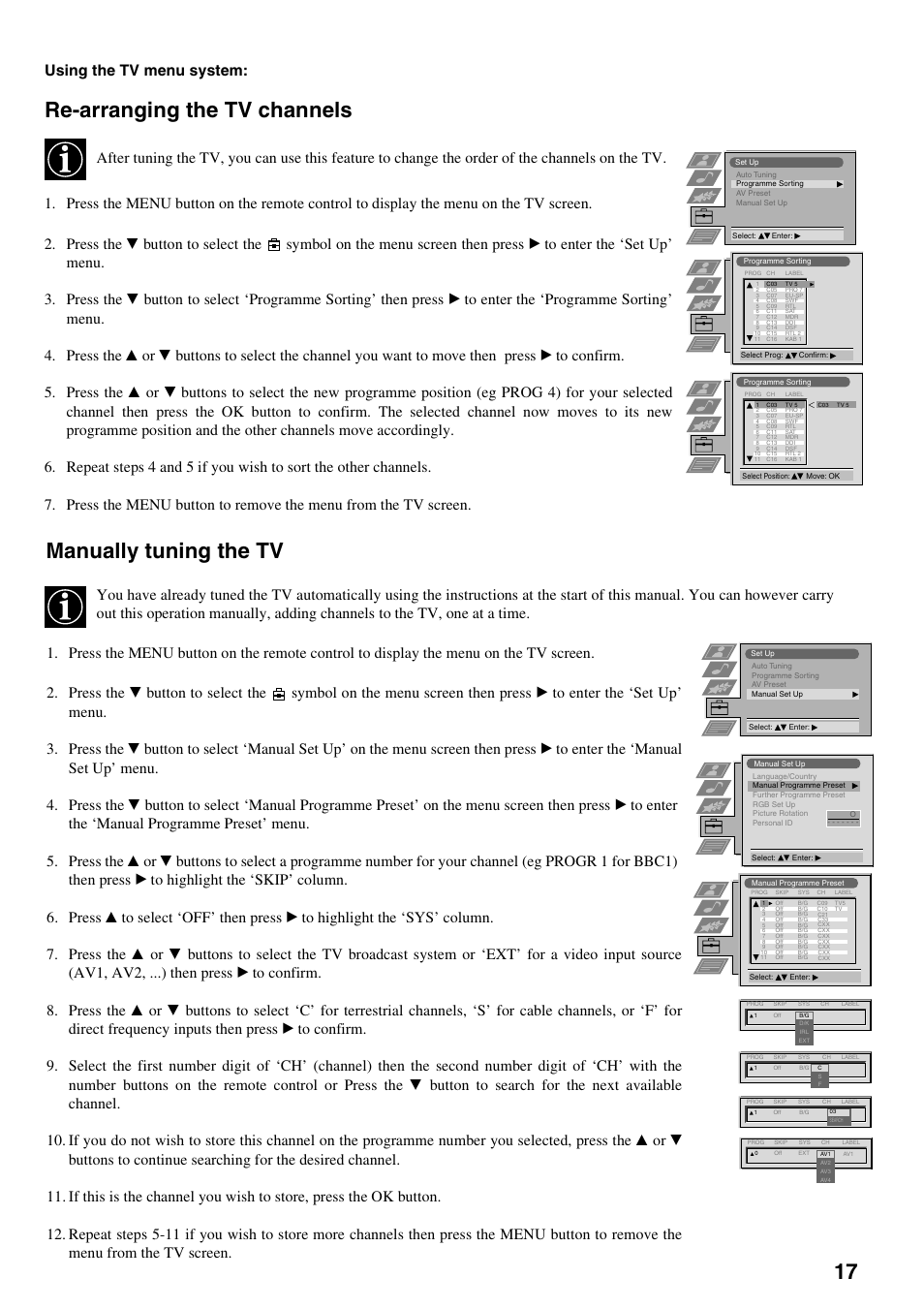 Re-arranging the tv channels, Manually tuning the tv, Using the tv menu system | Sony FD Trinitron KV-32FX65 K User Manual | Page 45 / 108