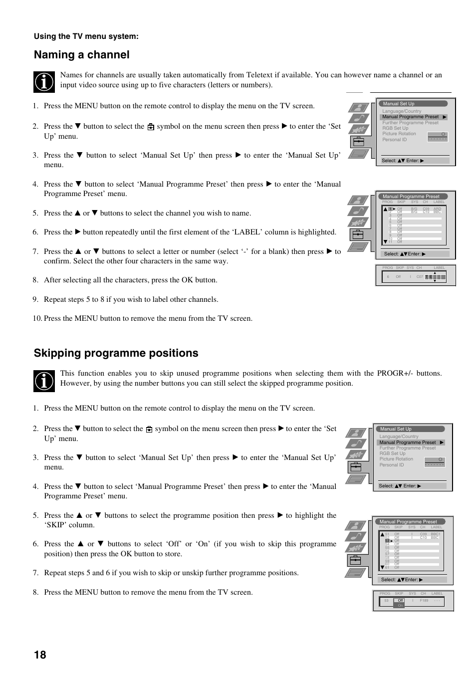 Naming a channel, Skipping programme positions, Using the tv menu system | Sony FD Trinitron KV-32FX65 K User Manual | Page 46 / 108