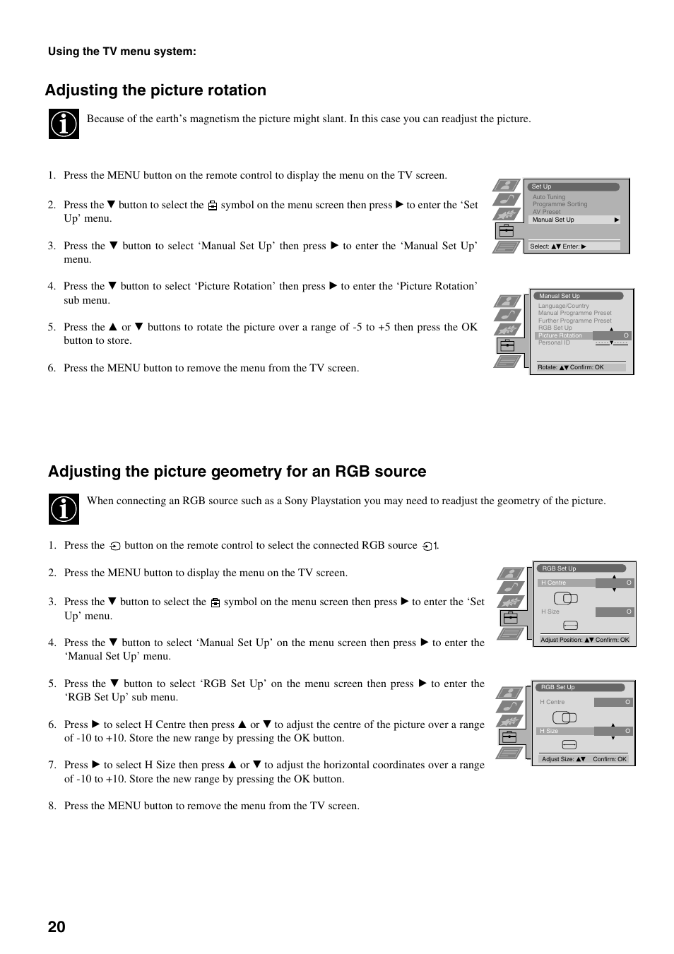Adjusting the picture geometry for an rgb source, Adjusting the picture rotation | Sony FD Trinitron KV-32FX65 K User Manual | Page 48 / 108