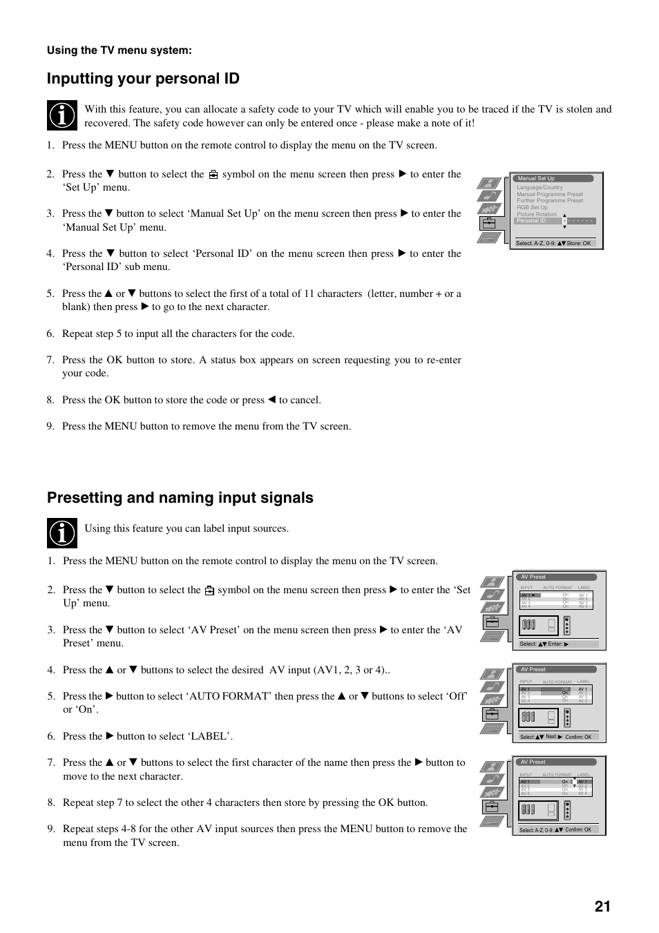 Inputting your personal id, Presetting and naming input signals, Using the tv menu system | Using this feature you can label input sources | Sony FD Trinitron KV-32FX65 K User Manual | Page 49 / 108